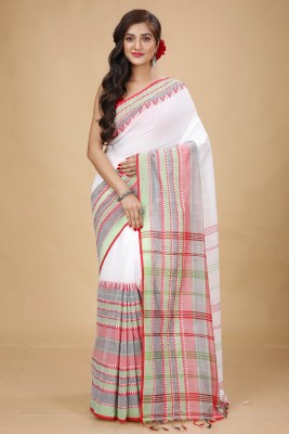 Tant Story Woven Handloom Cotton Blend Saree(White, Red)