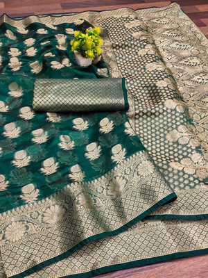 DHARM CREATION Self Design Banarasi Organza Saree(Green)