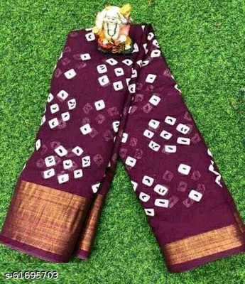 SARETRA MALL Geometric Print Bandhani Cotton Linen Saree(Purple)