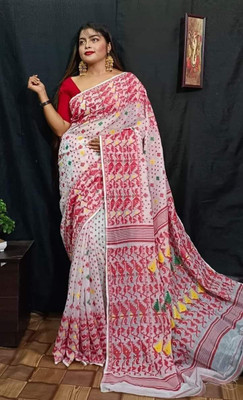 Bholanath textile Embroidered Jamdani Cotton Silk Saree(White)