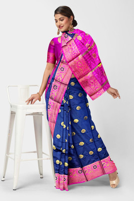 Doroly Woven Banarasi Cotton Silk Saree(Dark Blue, Pink)