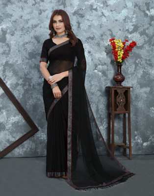 PRETTYAGE Dyed, Solid/Plain Banarasi Georgette Saree(Black)