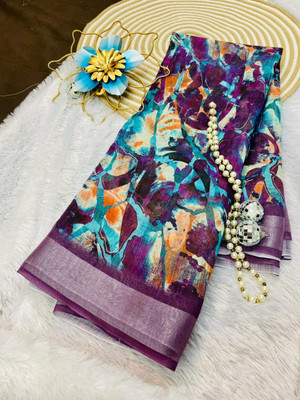 KOTHARI KREATION Printed, Floral Print Bollywood Cotton Linen Saree(Multicolor)