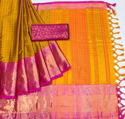 Laxmitax Printed Dharmavaram Cotton Silk, Jacquard Saree(Gold)