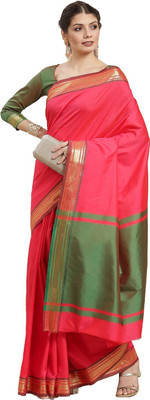 Arriva Fab Solid/Plain Banarasi Cotton Silk Saree(Magenta, Green)