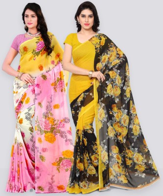 Anand Sarees Floral Print Daily Wear Georgette Saree(Pack of 2, Pink, Yellow)