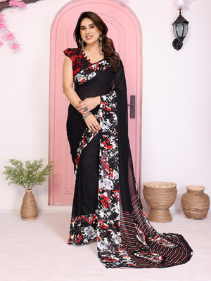 Anand Sarees Striped, Floral Print Daily Wear Georgette Saree(Black)