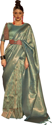 Akhilam Embroidered Kanjivaram Silk Blend Saree(Light Green)