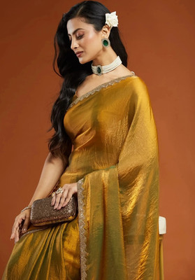 Bombey Velvat Fab Self Design Bollywood Georgette, Chiffon Saree(Gold)