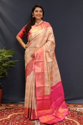 KCF Woven, Checkered, Self Design Banarasi Cotton Silk, Jacquard Saree(White, Cream, Pink)