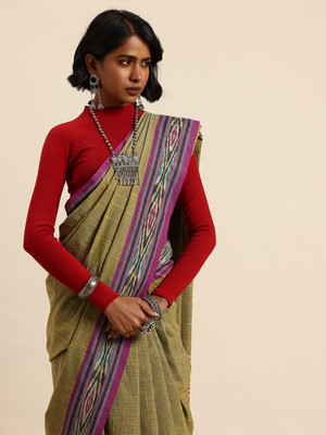 Taavi Self Design Handloom Pure Cotton Saree(Green)