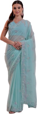 Dwiza Enterprise Self Design, Embellished, Embroidered, Printed Bollywood Georgette Saree(Light Blue)