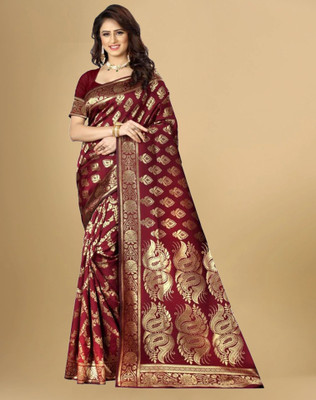 Divastri Woven, Embellished Banarasi Silk Blend, Jacquard Saree(Maroon)