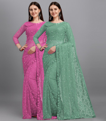 LOROFY Self Design Bollywood Net, Brasso Saree(Pack of 2, Multicolor)