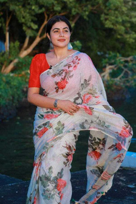 AARAANA Floral Print, Self Design, Striped Kanjivaram Linen, Cotton Linen Saree(White)