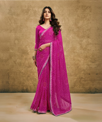 Samah Printed, Embroidered, Embellished Bollywood Georgette, Chiffon Saree(Pink)