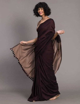 Binay textile Color Block Handloom Cotton Silk Saree(Brown)