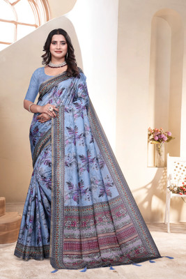 Pranamita Floral Print Bollywood Silk Blend Saree(Light Blue)
