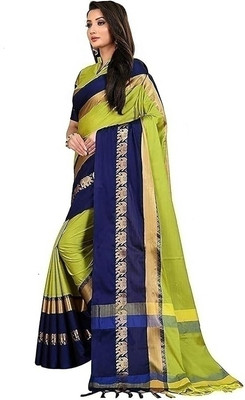 Shruti Bandhani Self Design Kanjivaram Cotton Silk Saree(Blue, Light Green)