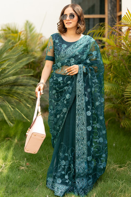 SUBHAM Embroidered, Embellished Bollywood Net Saree(Blue)