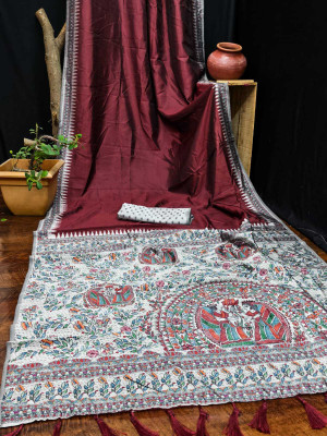 VIRDHI TEXTILE Digital Print Madhubani Silk Blend Saree(Maroon)