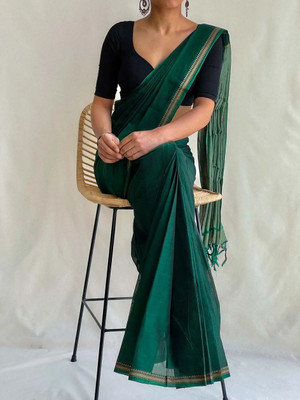 Joyguru Textile Self Design Handloom Pure Cotton Saree(Dark Green)