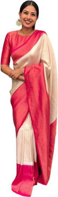 krishnas Woven Banarasi Pure Silk Saree(Pink, Cream)
