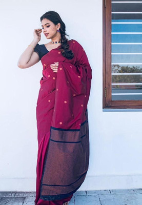 Rudr Venture Self Design Banarasi Cotton Silk Saree(Maroon)