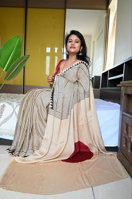 ERVAAFAB Striped, Printed Bollywood Satin Saree(Beige)