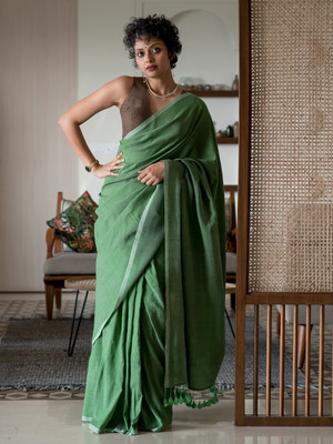 Suta Self Design Handloom Cotton Blend Saree(Green)