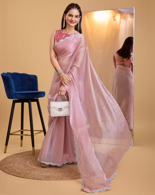 Julee Solid/Plain Bollywood Net Saree(Pink)