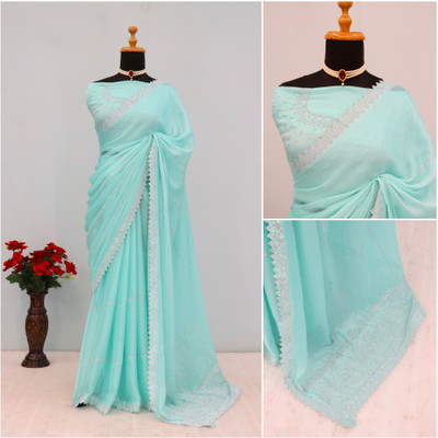 JennyFeb Villa Embellished Bollywood Pure Silk Saree(Light Blue)