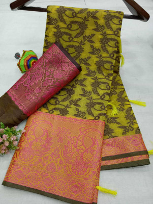 VAKHARIYAFAB Woven Kanjivaram Cotton Silk, Pure Silk Saree(Yellow)