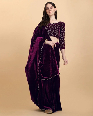 SNH EXPORT Self Design Bollywood Velvet Saree(Purple)