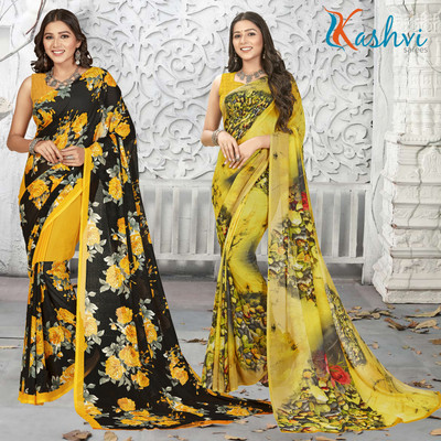 kashvi sarees Floral Print Daily Wear Georgette Saree(Pack of 2, Yellow, Multicolor)