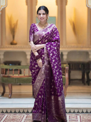 Bansari Textiles Printed, Self Design, Paisley, Woven, Embellished, Applique Kanjivaram Jacquard, Art Silk Saree(Purple)
