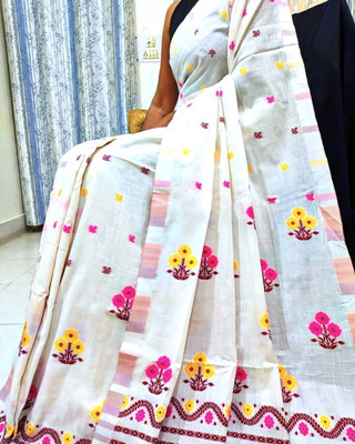 white desert Self Design Mekhela Chador Cotton Silk Saree(White)
