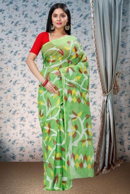 PuJoy Printed Handloom Pure Cotton Saree(Green)