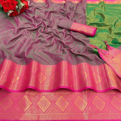 SGF11 Woven Kanjivaram Art Silk, Cotton Silk Saree(Green, Pink)