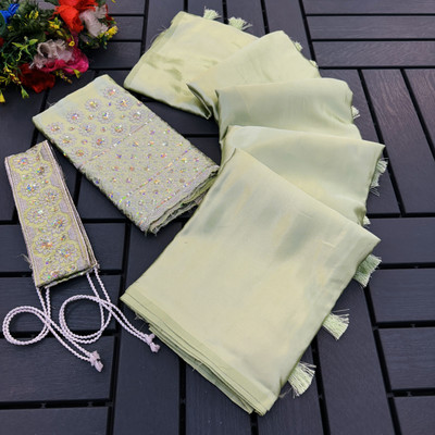 CELEUM Embroidered Bollywood Satin Saree(Light Green)