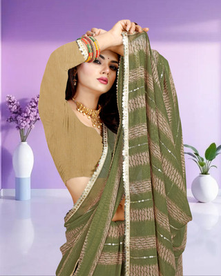 Jayu Digital Print, Embroidered, Printed, Striped Bollywood Georgette Saree(Green)