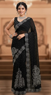 Shubhmilan Embroidered Dharmavaram Chiffon Saree(Black)