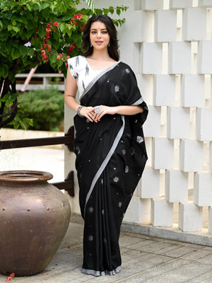 ADbutiq Printed Bollywood Cotton Blend, Pure Cotton Saree(Black)