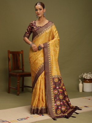 Divastri Printed Bandhani Silk Blend Saree(Yellow)