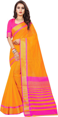JS Clothing Mart Solid/Plain Banarasi Cotton Silk Saree(Orange)