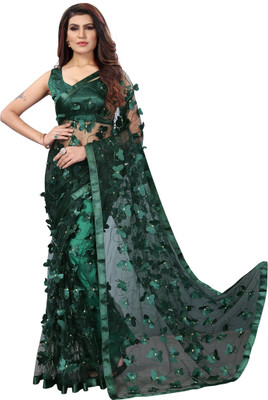A To Z Cart Printed Bollywood Net Saree(Dark Green)