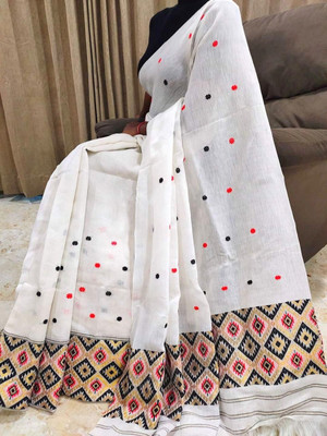 AREEVANZ Self Design Mekhela Chador Cotton Blend Saree(White)