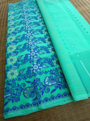 KhayaFashion Woven Tant Pure Cotton Saree(Light Blue)