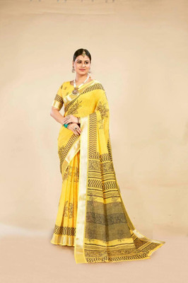 Rachna Printed Daily Wear Linen Saree(Yellow)