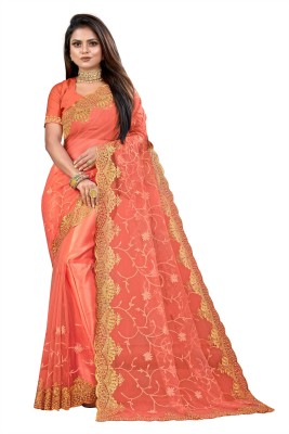 KHRITI FAB Embroidered, Floral Print Bollywood Net Saree(Orange)